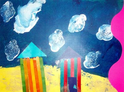 Mixed media by Mia Moadim Lesimha, Year 1 Student artwork of beach houses on the foreshore