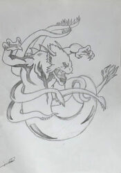 Pen and ink on paper by Abdul Halik, Year 10, Ilim College Student artwork of a dragon