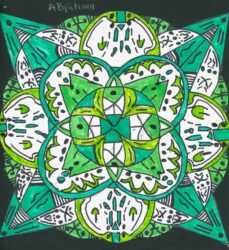 Food dye and fibre-tipped pen on paper by Abraham Mohammed Hussein, Year 6, Ilim College Student artwork of a kaleidoscopic pattern