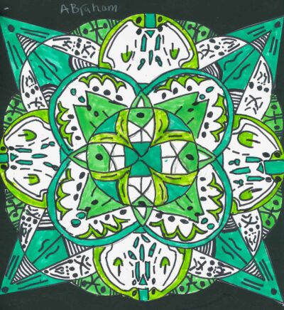 Food dye and fibre-tipped pen on paper by Abraham Mohammed Hussein, Year 6, Ilim College Student artwork of a kaleidoscopic pattern