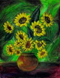 Acrylic paint on canvas by Hamna Nizami, Year 10, Ilim College Student artwork of sunflowers in a vase on a green background
