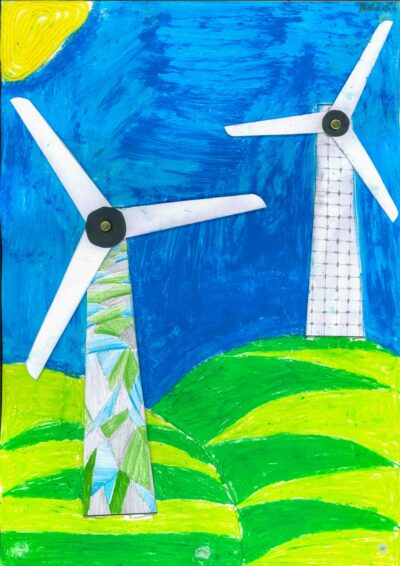 Oil pastel and mixed media on paper by Abdufattah Fois, Year 6, Ilim College Student mixed media artwork of windmills