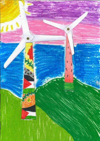 Oil pastel and mixed media on paper by Naya Alqudah, Year 6, Ilim College Student mixed media artwork of windmills