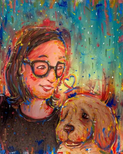 Acrylic on canvas by Paola Sita, Year 10, Lowther Hall Anglican Grammar School Student artwork of a portrait of a woman with dog