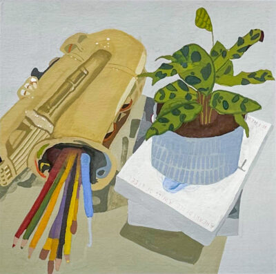 Gouache on paper by Aleda Daalder, Year 7, Lowther Hall Anglican Grammar School Student artwork of a still life with saxophone