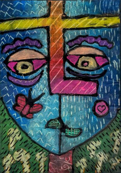 Dry pastel and paint on paper by Rita Li, Year 5, Lowther Hall Anglican Grammar School Student artwork of an abstract self portrait