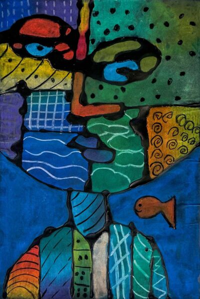 Dry pastel and paint on paper by Vianca Nath, Year 5, Lowther Hall Anglican Grammar School Student artwork of an abstract self portrait