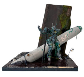 Found objects, resin, wood and enamel paint by Aiden Wu and Daniel Wong, Year 11, St Andrew’s Christian College Student artwork of a dystopian robot landscape