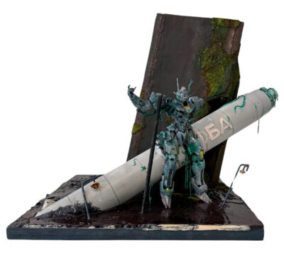 Found objects, resin, wood and enamel paint by Aiden Wu and Daniel Wong, Year 11, St Andrew’s Christian College Student artwork of a dystopian robot landscape