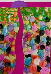 Watercolour and collage on paper by Zarah Ezra, Year 1, St Andrew’s Christian College Student artwork of a path through a flower field