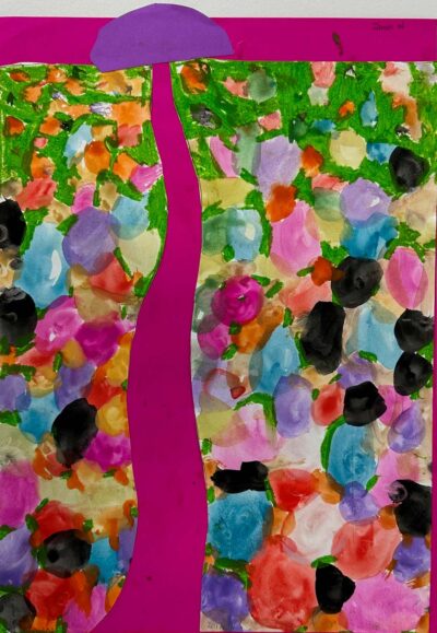 Watercolour and collage on paper by Zarah Ezra, Year 1, St Andrew’s Christian College Student artwork of a path through a flower field