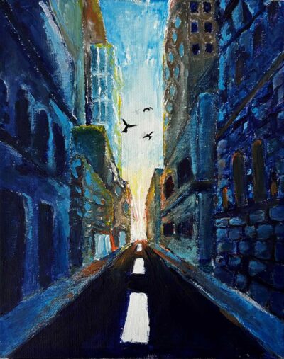 Acrylic on canvas panel by Nancy Chen, Year 8, St Andrew’s Christian College Student artwork of an urban landscape with birds