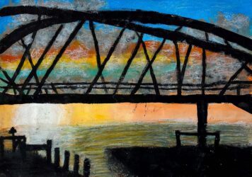 Acrylic on paper by Michelle Chen, Year 6, St Andrew’s Christian College Student artwork of a bridge over water at sunset