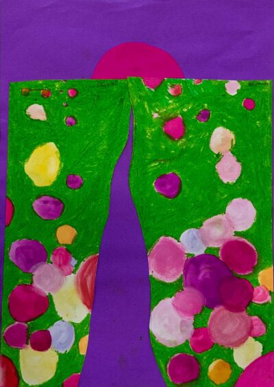 Watercolour and oil pastel on paper by Olivia Monk, Year 1, St Andrew’s Christian College Student artwork of a path through a flower field