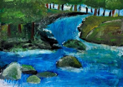 Acrylic on paper by Serena Wang, Year 6, St Andrew’s Christian College Student artwork of a stream