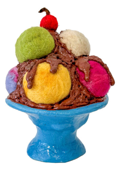 Earthenware clay, felt, glaze and glue by Summer-Joy Wong, Year 11, St Andrew’s Christian College Student sculpture artwork of a bowl of ice cream