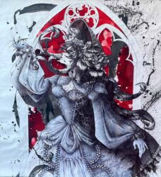 Ballpoint pen, acrylic paint, hot glue, acetate sheet and ink on paper by Una You, Year 12, St Andrew’s Christian College student artwork of a steam punk anime woman