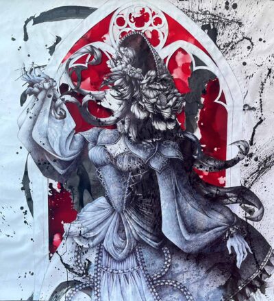 Ballpoint pen, acrylic paint, hot glue, acetate sheet and ink on paper by Una You, Year 12, St Andrew’s Christian College student artwork of a steam punk anime woman