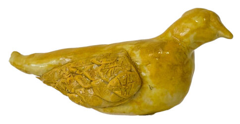 Earthenware clay, slip and glaze by Leah Chong, Year 10, St Andrew’s Christian College Student artwork of a yellow ceramic bird
