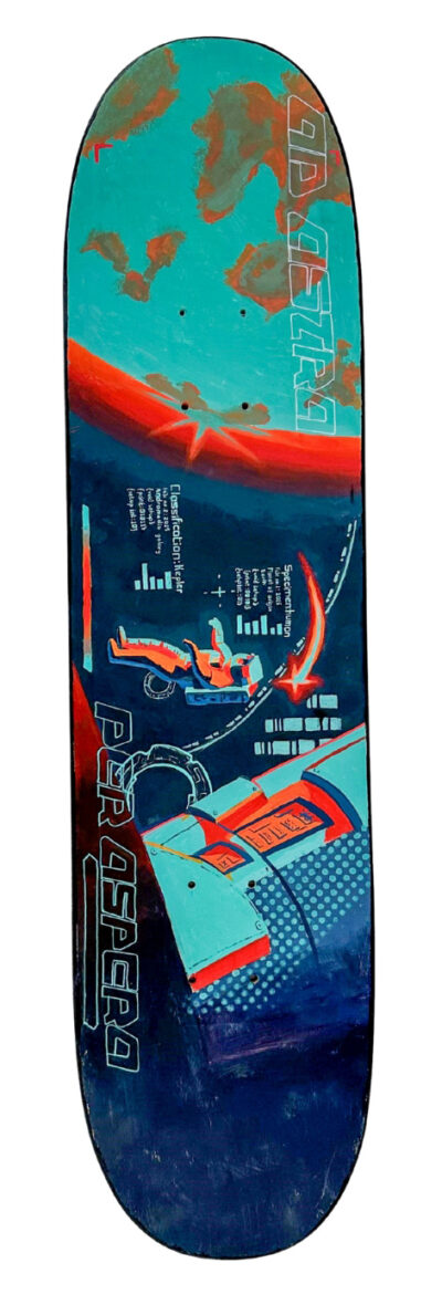 Skateboard deck with acrylic paint by Sharon Tjioe, Year 11, Camberwell Girls Grammar School Student artwork of a space-inspired skateboard deck