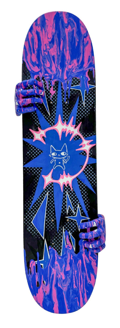 Skateboard deck with acrylic paint and modelling clay by Elise Li, Year 11, Camberwell Girls Grammar School Student artwork of a skateboard deck with hands