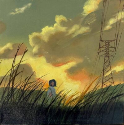 Oil on canvas by Justine Han, Year 10, Camberwell Girls Grammar School Student artwork of a person standing in a field at sunset