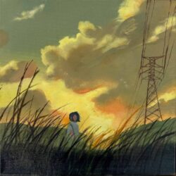 Oil on canvas by Justine Han, Year 10, Camberwell Girls Grammar School Student artwork of a person standing in a field at sunset