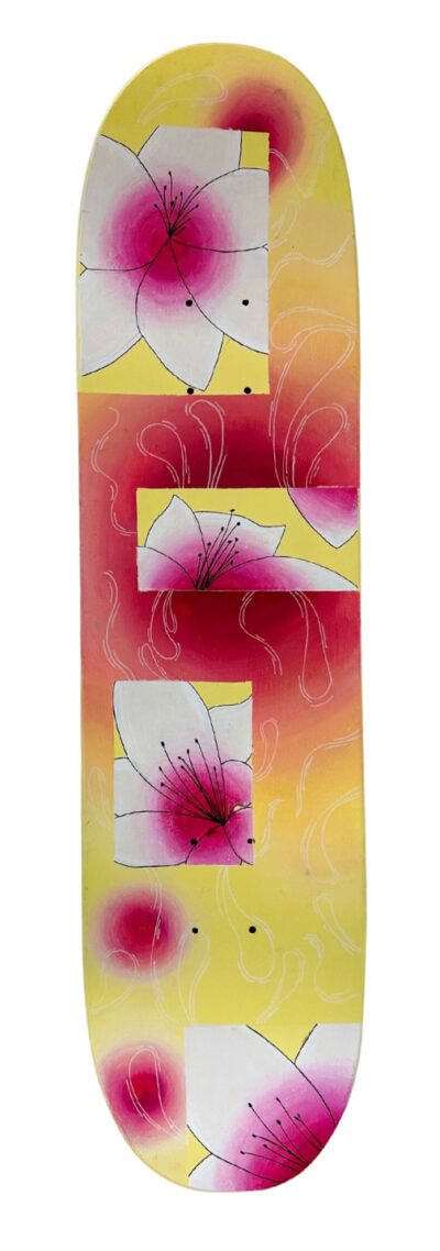 Skateboard deck with acrylic paint and paint marker by Hannah Ng, Year 11, Camberwell Girls Grammar School Student artwork of a skateboard deck with pink and white flowers