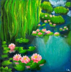 Oil on canvas by Laura Mok, Year 10, Camberwell Girls Grammar School Student artwork of lotus flowers and lily pads in a pond