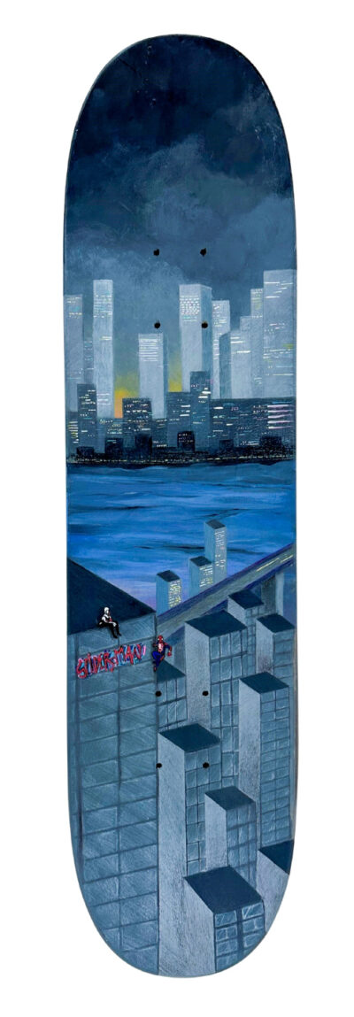 Skateboard deck with paint marker, acrylic paint and coloured pencils by Hannah Jiang, Year 11, Camberwell Girls Grammar School Student artwork of a Spider Man-inspired skateboard deck