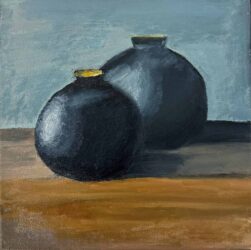 Oil on canvas by Ingrid Tan, Year 10, Camberwell Girls Grammar School Student artwork of two dark vases