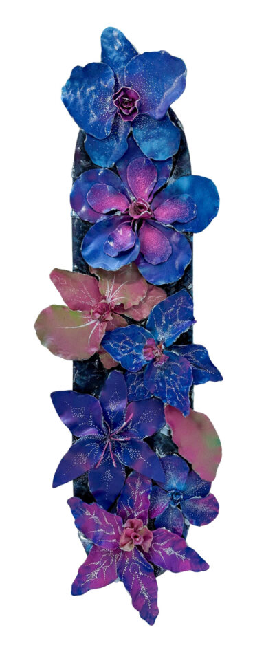 Skateboard deck with acrylic paint, paint markers and modelling clay by Naomi Lee, Year 11, Camberwell Girls Grammar School Student artwork of a skateboard deck with 3D flowers