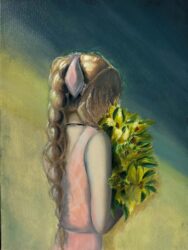 Oil on canvas by Emily Wong, Year 10, Camberwell Girls Grammar School Student artwork of a girl holding yellow flowers