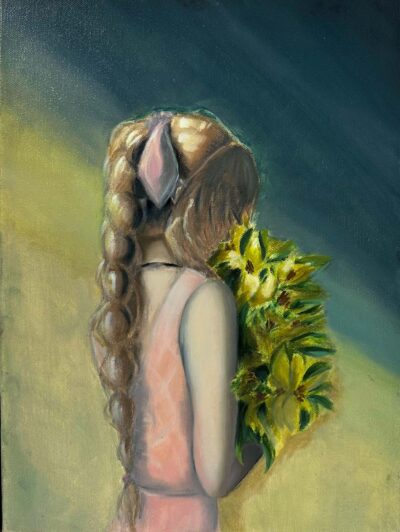 Oil on canvas by Emily Wong, Year 10, Camberwell Girls Grammar School Student artwork of a girl holding yellow flowers
