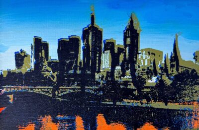 Screen print on canvas board by Darius Chung, Year 8, Camberwell Grammar School Student artwork of the Melbourne skyline