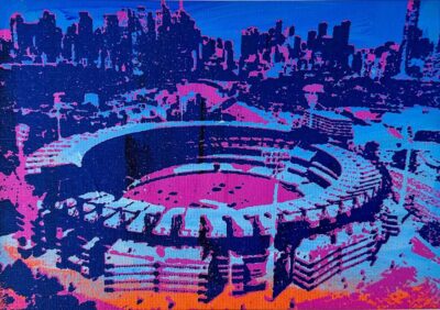 Screen print on canvas board by Alan Tian, Year 8, Camberwell Grammar School Student artwork of the MCG