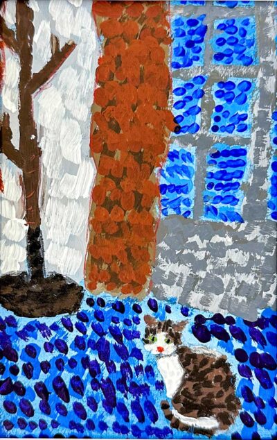 Acrylic on paper by Kevin Huang, Year 8, Camberwell Grammar School Student artwork of an abstract interior with cat