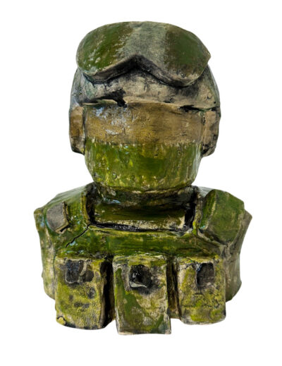 Glazed earthenware sculpture by Billy Zhang, Year 8, Camberwell Grammar School Student artwork of a paratrooper sculpture