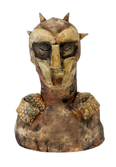 Earthenware with oxide by William Van Onselen, Year 8, Camberwell Grammar School Student artwork of a sculpture with spiked helmet