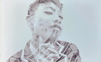 Digital print by John Zhuang, Year 7, Camberwell Grammar School Student artwork of a digital print of a face with money
