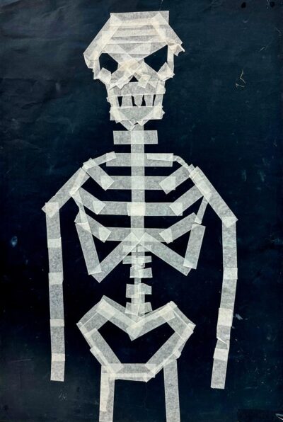 Masking tape on paper by Max Guo, Year 7, Camberwell Grammar School Student artwork of a skeleton
