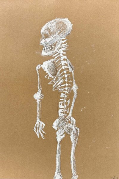 Oil pastel on brown paper by Will Hui, Year 7, Camberwell Grammar School Student artwork of a skeleton