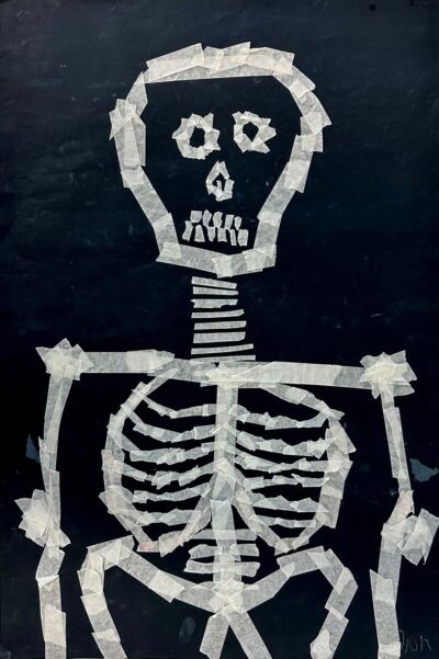 Masking tape on paper by Dion Trevlopoulos, Year 7, Camberwell Grammar School Student artwork of a skeleton