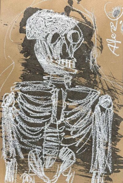Oil pastel and ink on paper by Alexander Collette, Year 7, Camberwell Grammar School Student artwork of a skeleton