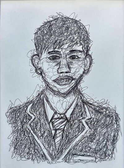 Black pen on paper by Lucas Shen, Year 7, Camberwell Grammar School Student artwork of a continuous line portrait