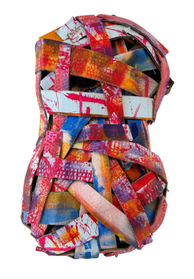 Printed cardboard strips and staples by Sammy McLennan, Year 7, Camberwell Grammar School 3D woven student artwork