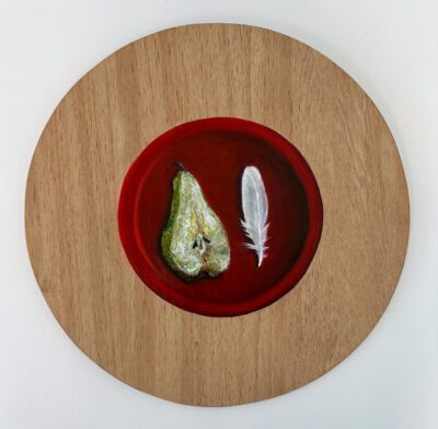 Acrylic on wood by Gali Leung, Year 10, Geelong Grammar School Student artwork of a pear and feather