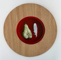 Acrylic on wood by Gali Leung, Year 10, Geelong Grammar School Student artwork of a pear and feather