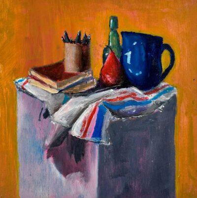 Oil on board by Angus Lewis, Year 10, Geelong Grammar School Student artwork of a still life with a red pear
