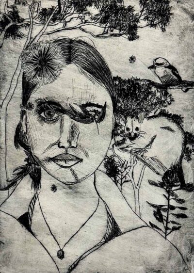 Etching on paper by Sophie Bishop, Year 10, Geelong Grammar School Student artwork of a self-portrait